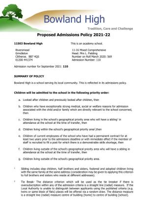 Proposed Admissions Policy 2021-22