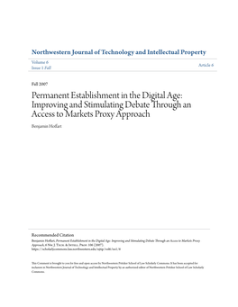 Permanent Establishment in the Digital Age: Improving and Stimulating Debate Through an Access to Markets Proxy Approach Benjamin Hoffart