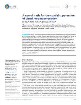 A Neural Basis for the Spatial Suppression of Visual Motion Perception Liu D Liu1*, Ralf M Haefner2*, Christopher C Pack1*