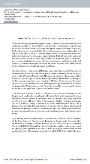 Frontiers in Applied General Equilibrium Modeling: in Honor of Herbert Scarf Edited by Timothy J