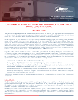 Cta Snapshot of National Driver Rest Area/Service Facility Support During Covid-19 Pandemic