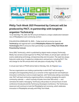 Philly Tech Week 2021 Presented by Comcast Will Be Produced by PACT