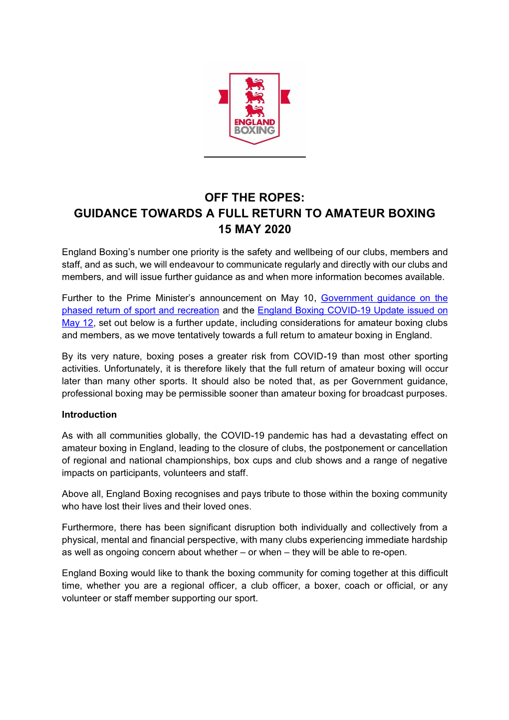 Guidance Towards a Full Return to Amateur Boxing 15 May 2020