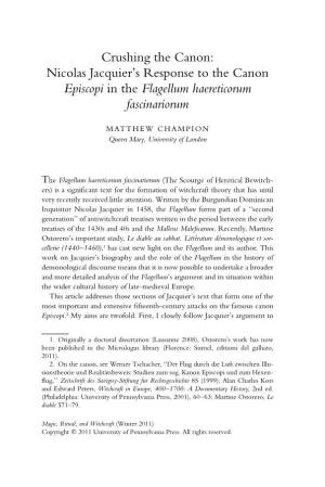 Crushing the Canon: Nicolas Jacquier’S Response to the Canon Episcopi in the Flagellum Haereticorum Fascinariorum
