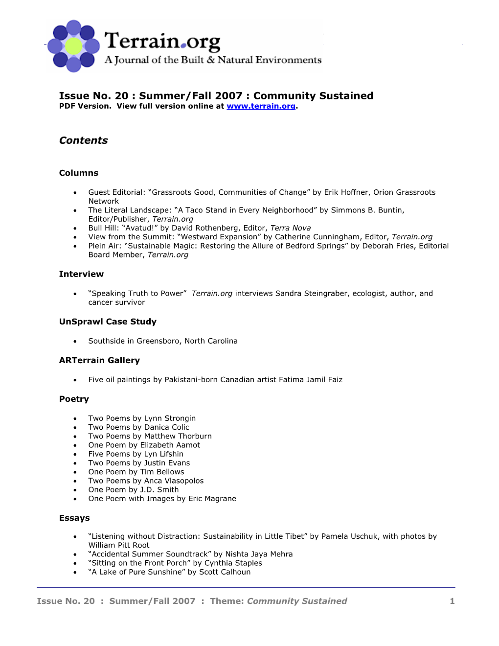 Summer/Fall 2007 : Community Sustained PDF Version