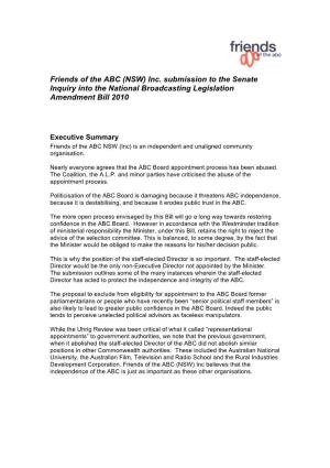 Friends of the ABC (NSW) Inc. Submission to the Senate Inquiry Into the National Broadcasting Legislation Amendment Bill 2010
