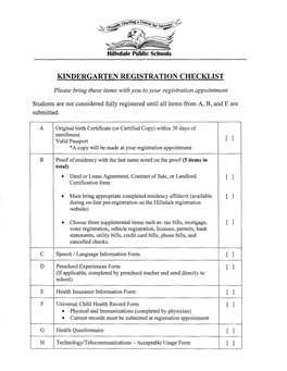 Kindergarten Registration Checklist