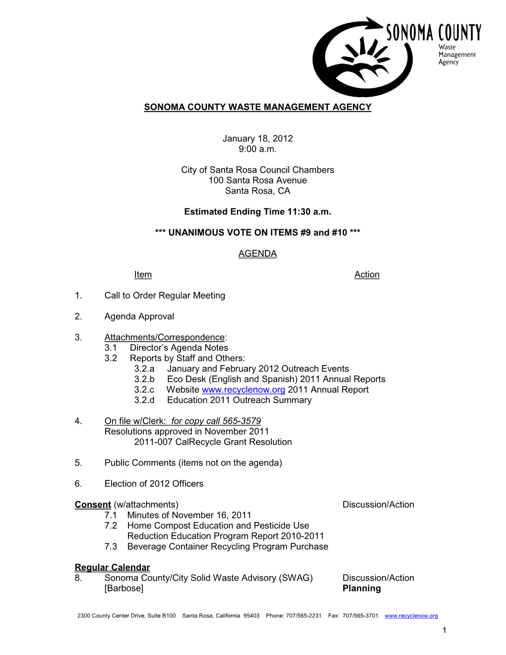 Sonoma County Waste Management Agency Agenda Packet January 18