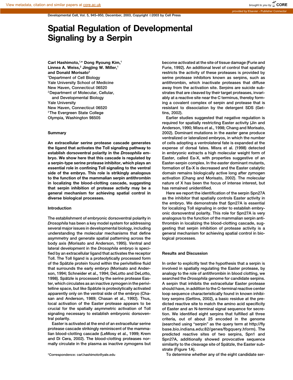 Spatial Regulation of Developmental Signaling by a Serpin