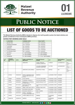 LILONGWE Public Notice LIST of GOODS to BE AUCTIONED