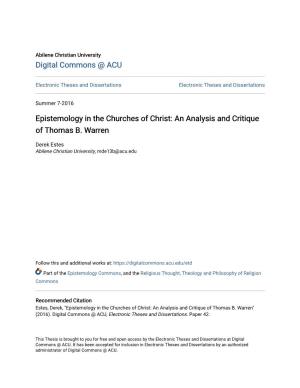 Epistemology in the Churches of Christ: an Analysis and Critique of Thomas B