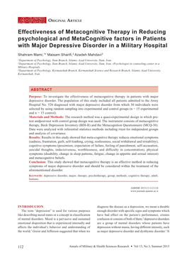 Effectiveness of Metacognitive Therapy in Reducing Psychological and Metacognitive Factors in Patients with Major Depressive Disorder in a Military Hospital