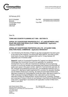 25 February 2010 Mr G S Kaddish Bidwells Trumpington Road Cambridge CB2 9LD Your Ref: Dear Sir, TOWN and COUNTRY PLANNING