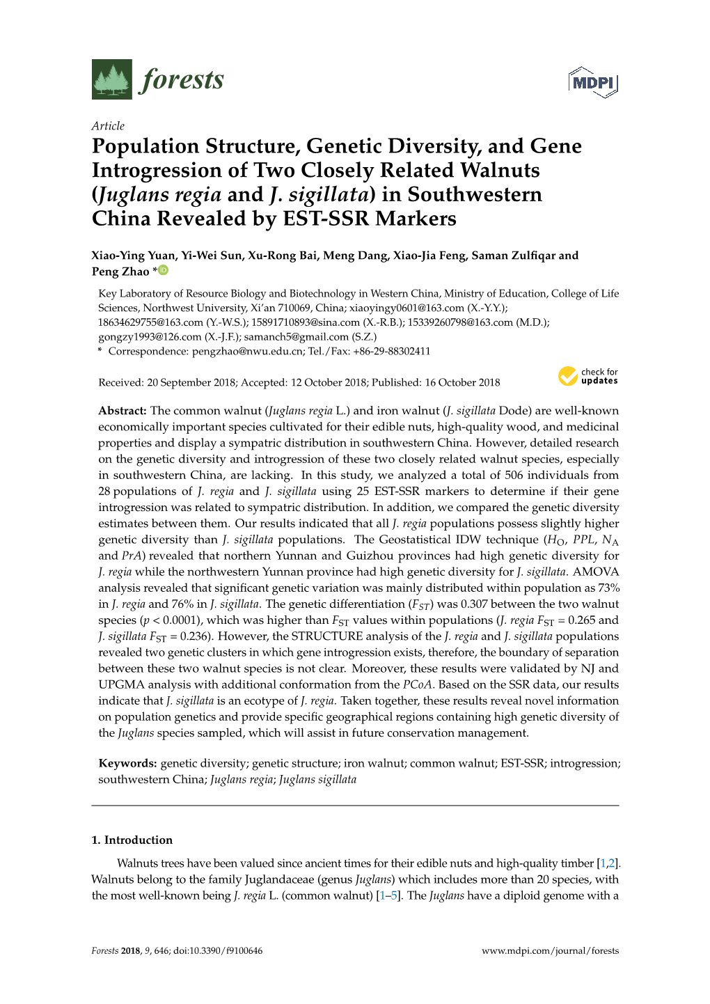 Population Structure, Genetic Diversity, and Gene Introgression of Two Closely Related Walnuts (Juglans Regia and J