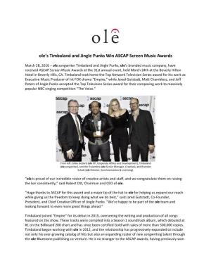 Ole's Timbaland and Jingle Punks Win ASCAP Screen Music Awards