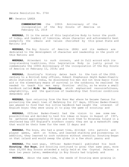 Senate Resolution No. 3764 Senator LANZA BY: the 108Th Anniversary of the COMMEMORATING Incorporation of the Boy Scout