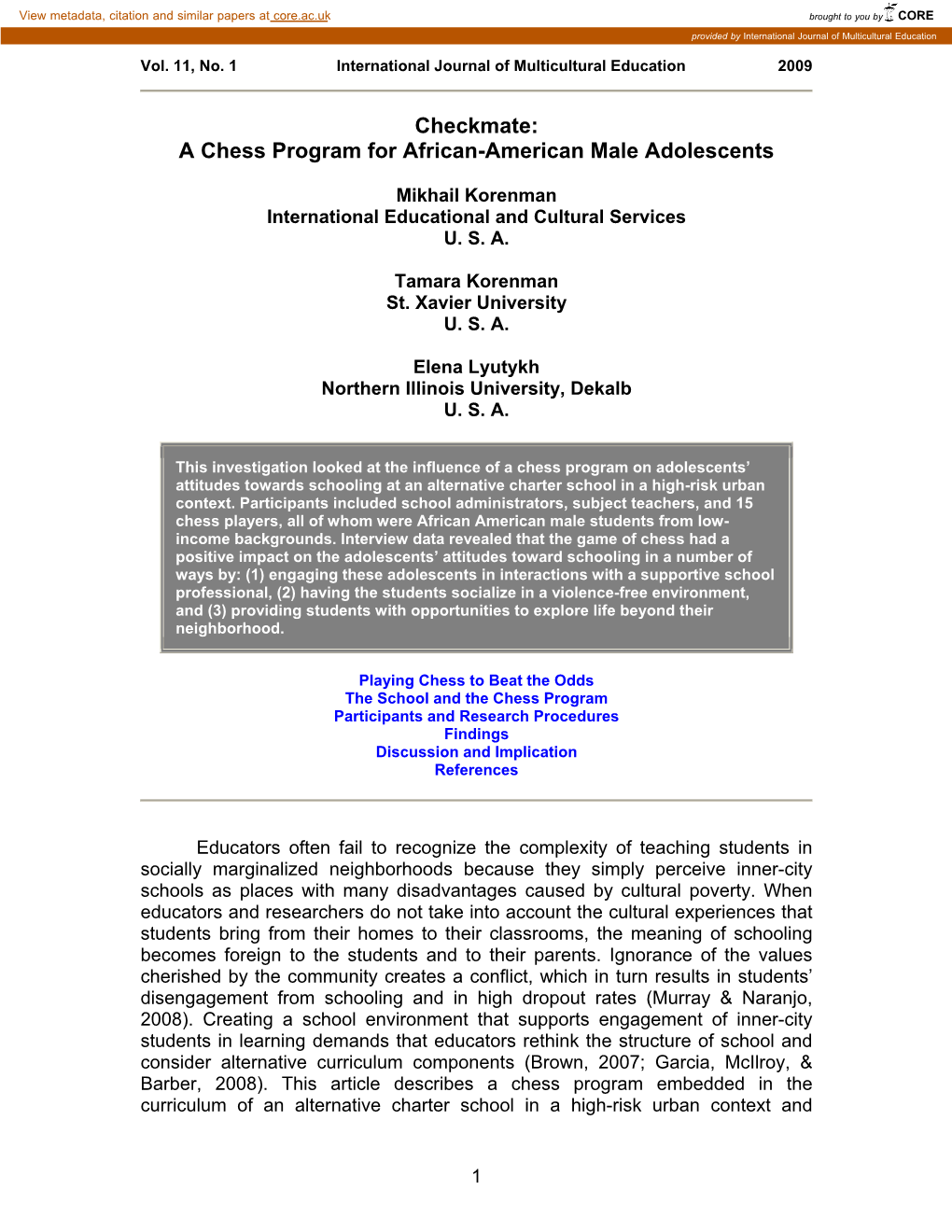 Checkmate: a Chess Program for African-American Male Adolescents