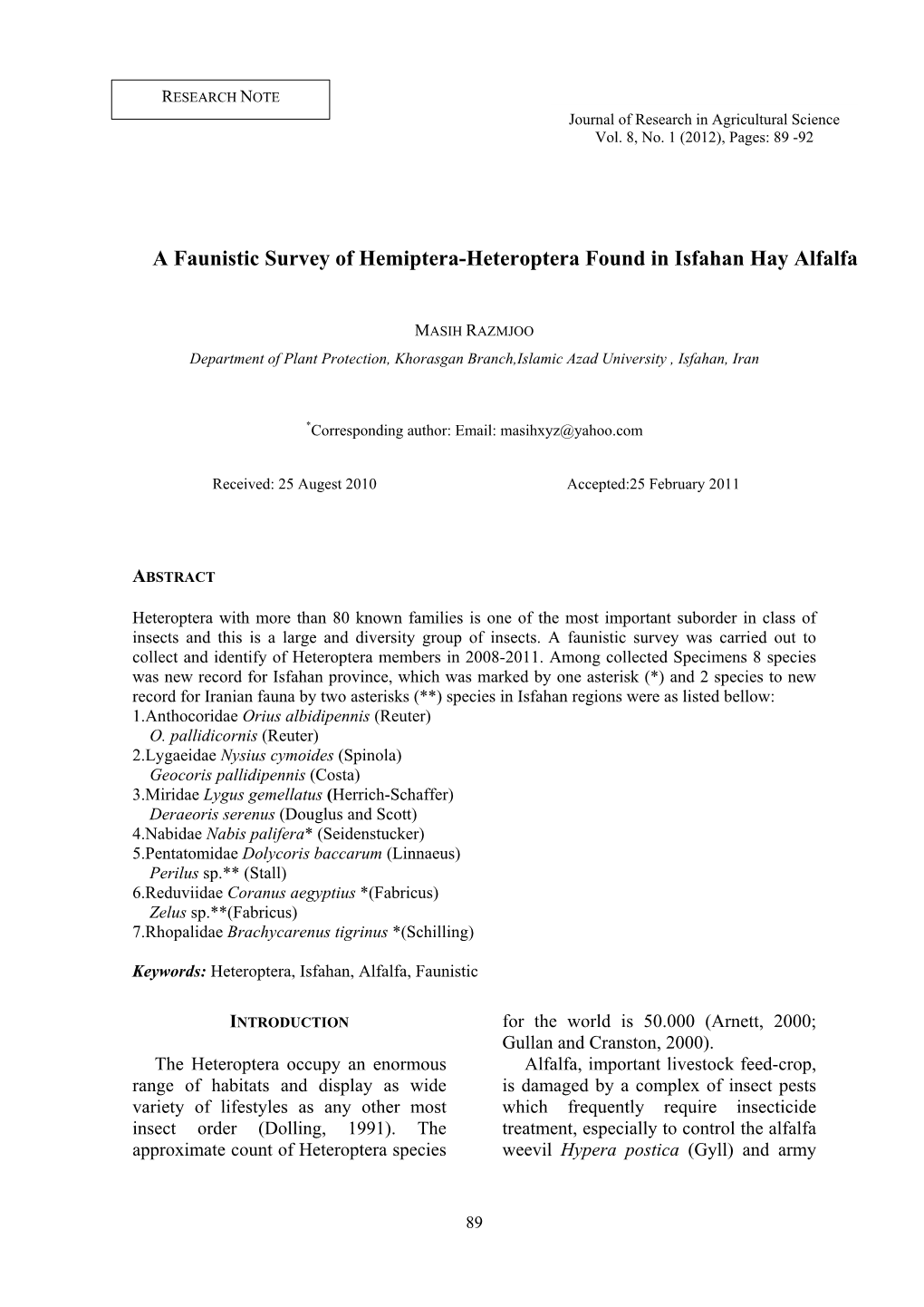 A Faunistic Survey of Hemiptera-Heteroptera Found in Isfahan Hay Alfalfa