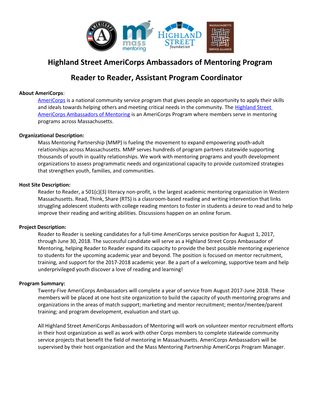 Highland Street Americorps Ambassadors of Mentoring Program