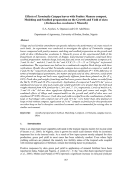 Effects of Terminalia Catappa Leaves with Poultry Manure Compost, Mulching and Seedbed Preparation on the Growth and Yield of Okra (Abelmoschus Esculentus L