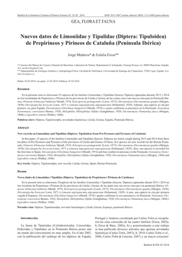 Nuevos Datos De Limoniidae Y Tipulidae (Diptera: Tipuloidea) De Prepirineos Y Pirineos De Cataluña (Península Ibérica)