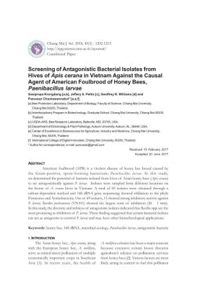 Screening of Antagonistic Bacterial Isolates from Hives of Apis Cerana in Vietnam Against the Causal Agent of American Foulbrood