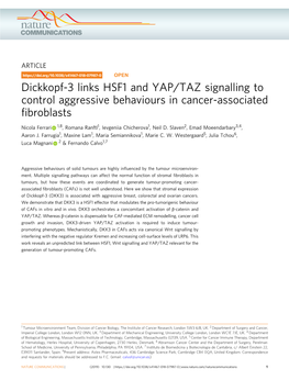 Dickkopf-3 Links HSF1 and YAP/TAZ Signalling to Control Aggressive Behaviours in Cancer-Associated ﬁbroblasts