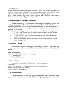 1. Introduction to Structured Programming 2. Functions