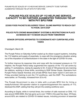 Punjab Police Scales up 112 Helpline Service, Capacity to Be Further Augmented Through Tie-Up with Pvt Bpo Firm