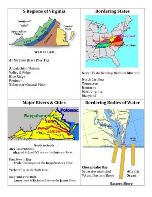 5 Regions of Virginia Bordering States Major Rivers & Cities Bordering