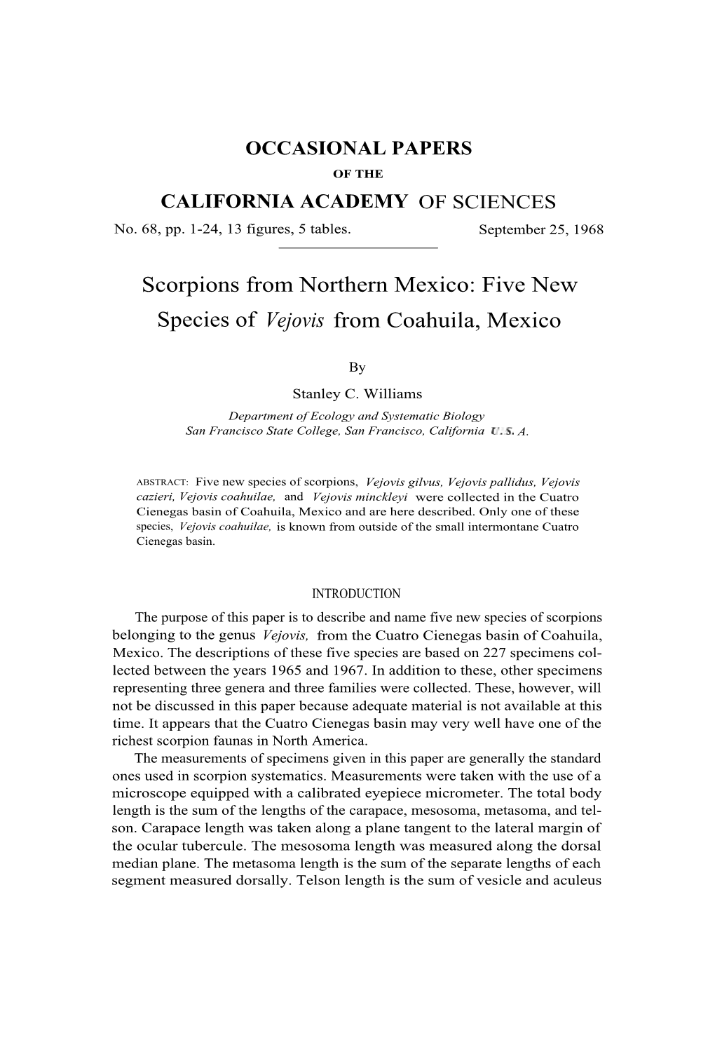 Five New Species of Vejovis from Coahuila, Mexico