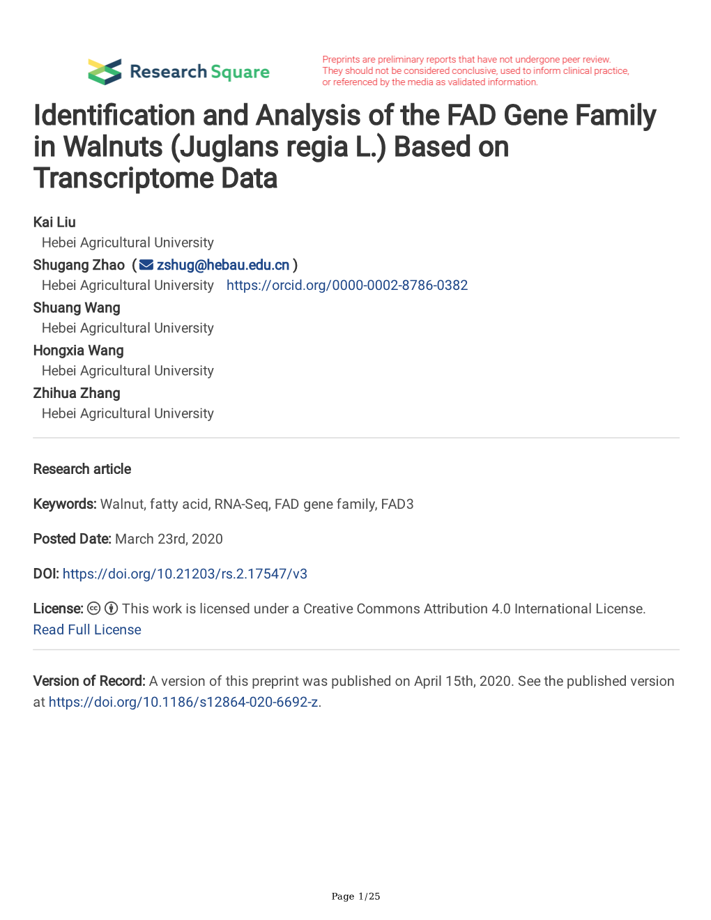 Identification and Analysis of the FAD Gene Family In