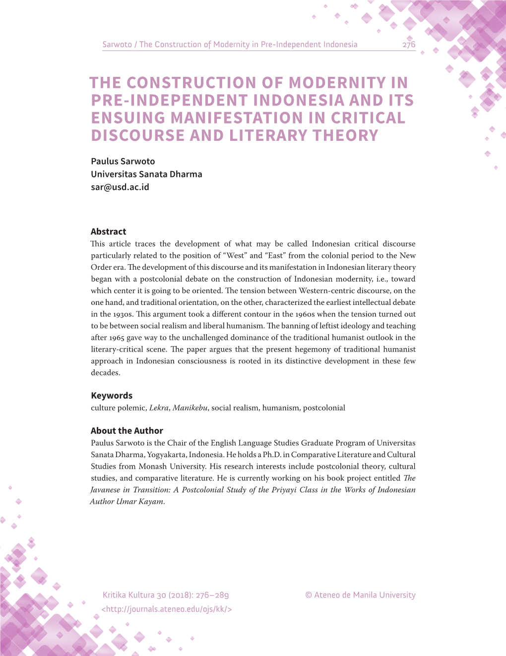 The Construction of Modernity in Pre-Independent Indonesia 276