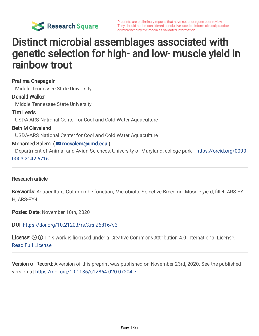 Distinct Microbial Assemblages Associated with Genetic Selection for High- and Low- Muscle Yield in Rainbow Trout