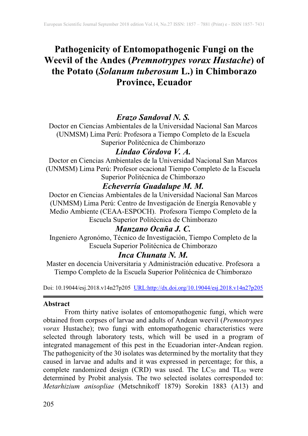 Pathogenicity of Entomopathogenic Fungi on the Weevil of the Andes (Premnotrypes Vorax Hustache) of the Potato (Solanum Tuberosum L.) in Chimborazo Province, Ecuador