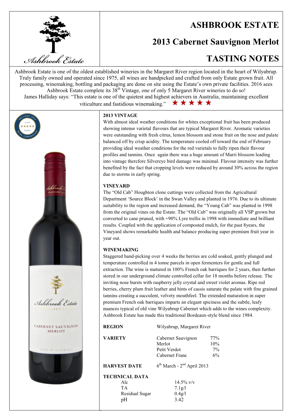 ASHBROOK ESTATE 2013 Cabernet Sauvignon Merlot TASTING NOTES