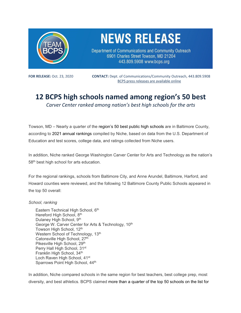 12 BCPS High Schools Named Among Region's