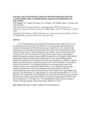 Icp-Oes and Xas Investigation of the Phytoextraction of Lanthanides and Actinides from Aqueous Environmental Solutions 1J.G