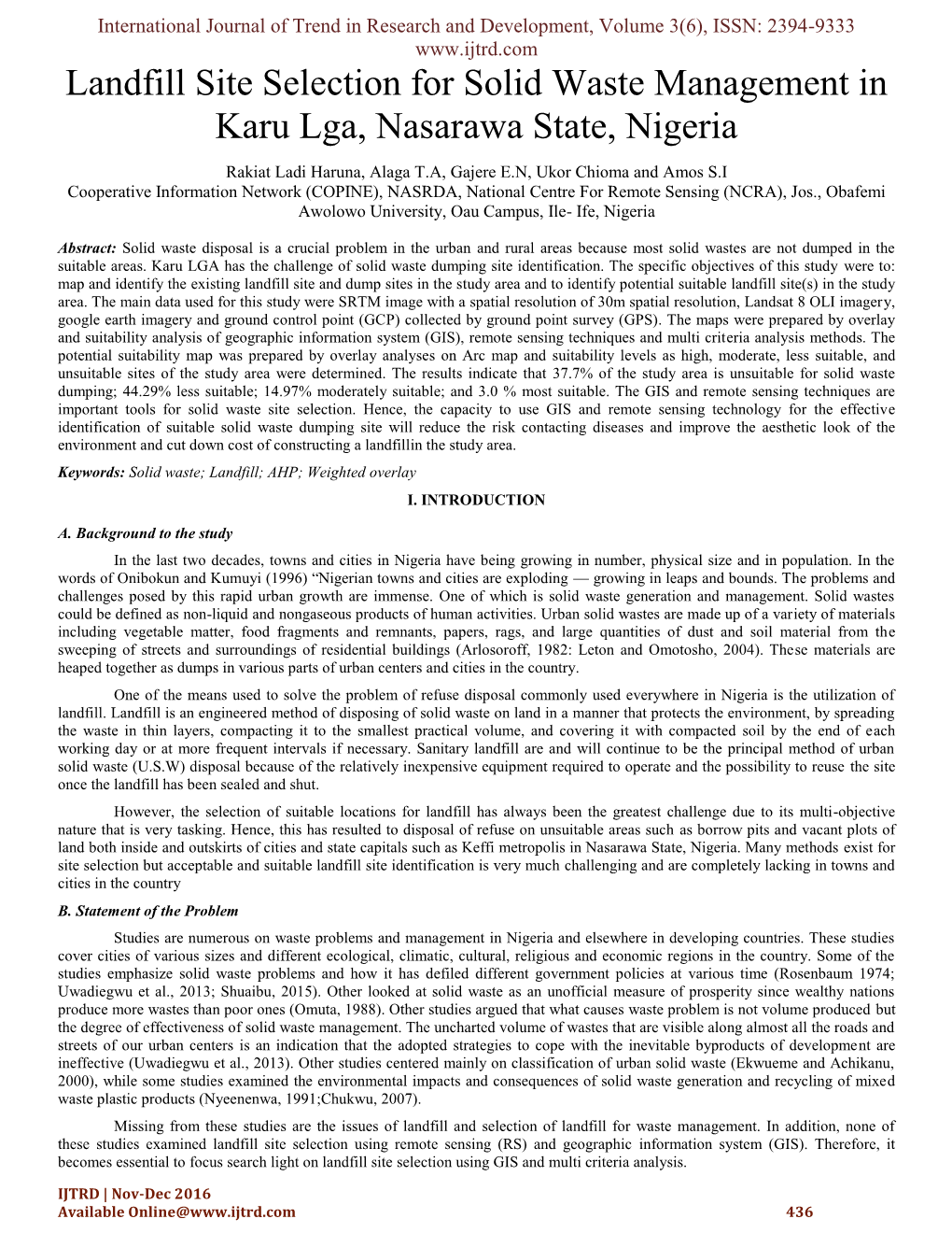 Landfill Site Selection for Solid Waste Management in Karu Lga, Nasarawa State, Nigeria