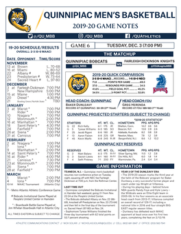 Quinnipiac Men's Basketball Page 1/1 Combined Team Statistics As of Nov 25, 2019 All Games