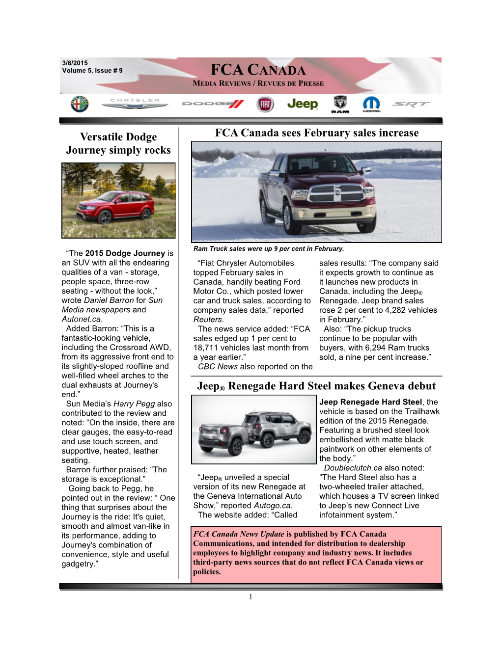 Fca Canada Media Reviews / Revues De Presse