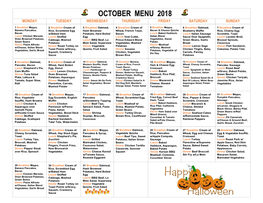 October Menu 2018 Monday Tuesday Wednesday Thursday Friday Saturday Sunday