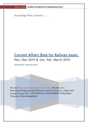 Current Affairs Byte for Railway Exam. Nov, Dec 2015 & Jan, Feb, March 2016