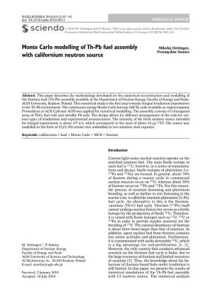 Monte Carlo Modelling of Th-Pb Fuel Assembly with Californium Neutron Source 89