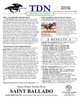 SAINT BALLADO TAYLOR MADE (859) 885-3345 BALLADO’S DEVIL Wins the Forty One Carats H