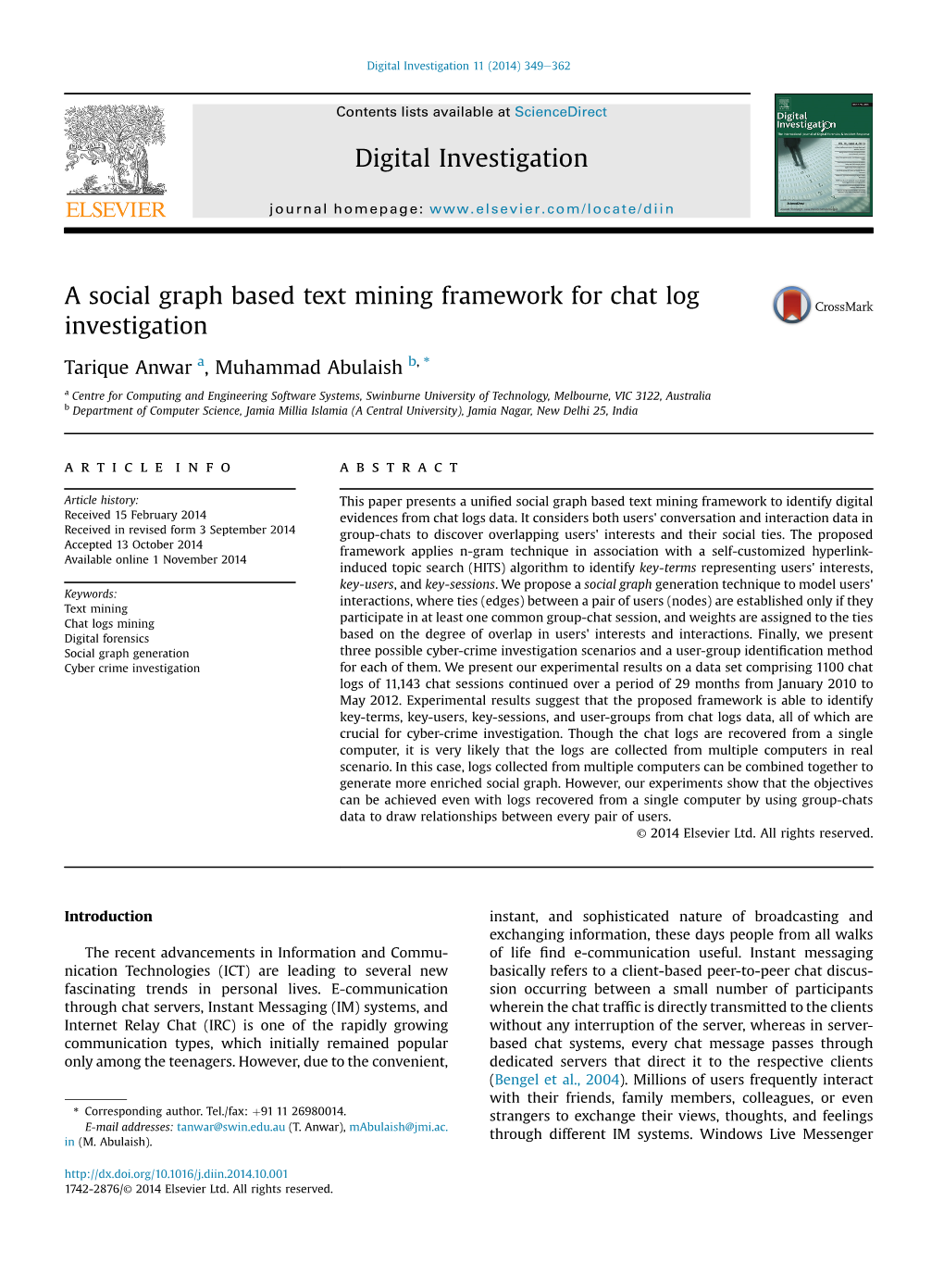 A Social Graph Based Text Mining Framework for Chat Log Investigation