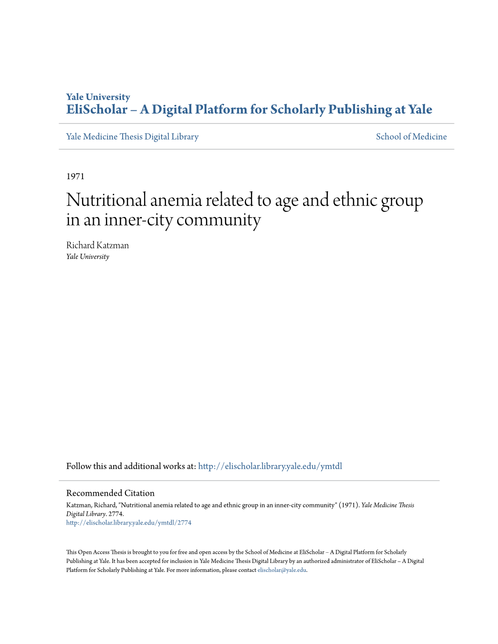 Nutritional Anemia Related to Age and Ethnic Group in an Inner-City Community Richard Katzman Yale University