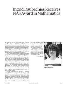 Ingrid Daubechies Receives NAS Award in Mathematics