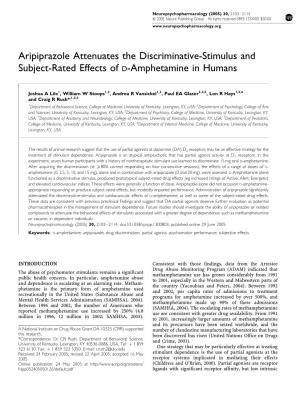 Aripiprazole Attenuates the Discriminative-Stimulus and Subject-Rated Effects of D-Amphetamine in Humans