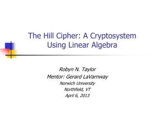 Hill Cipher: a Cryptosystem Using Linear Algebra